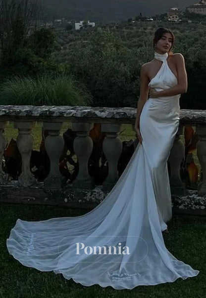 Elegant Mermaid Halter Neck White Long Bridal Dress with Sweep Train