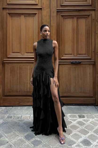 High Neck Sleeveless Long Mermaid Prom Dress With Split Ruffles