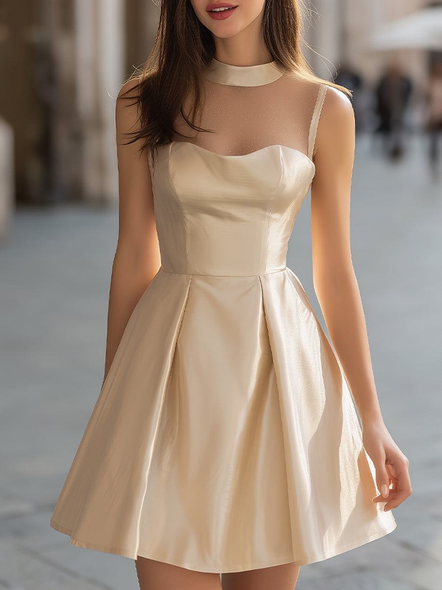 Chiffon Mesh-Panel Satin Mini Dress