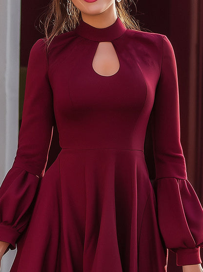 Mooyius Wine Red Keyhole Long-Sleeve Fit & Flare Mini Dress