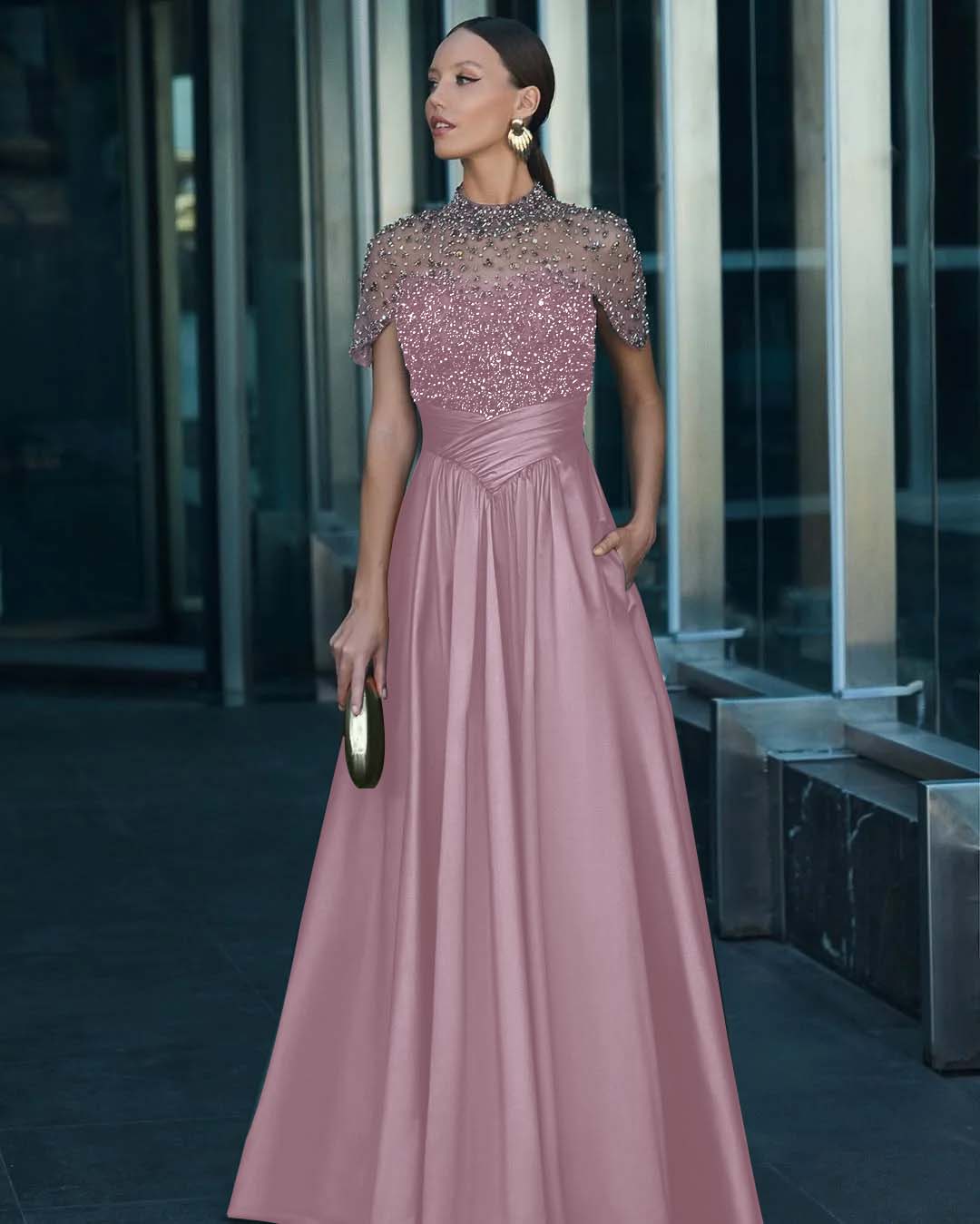 High-Neck Short Sleeves Long A-Line Pleated Prom Dress With Pockets And Beadings
