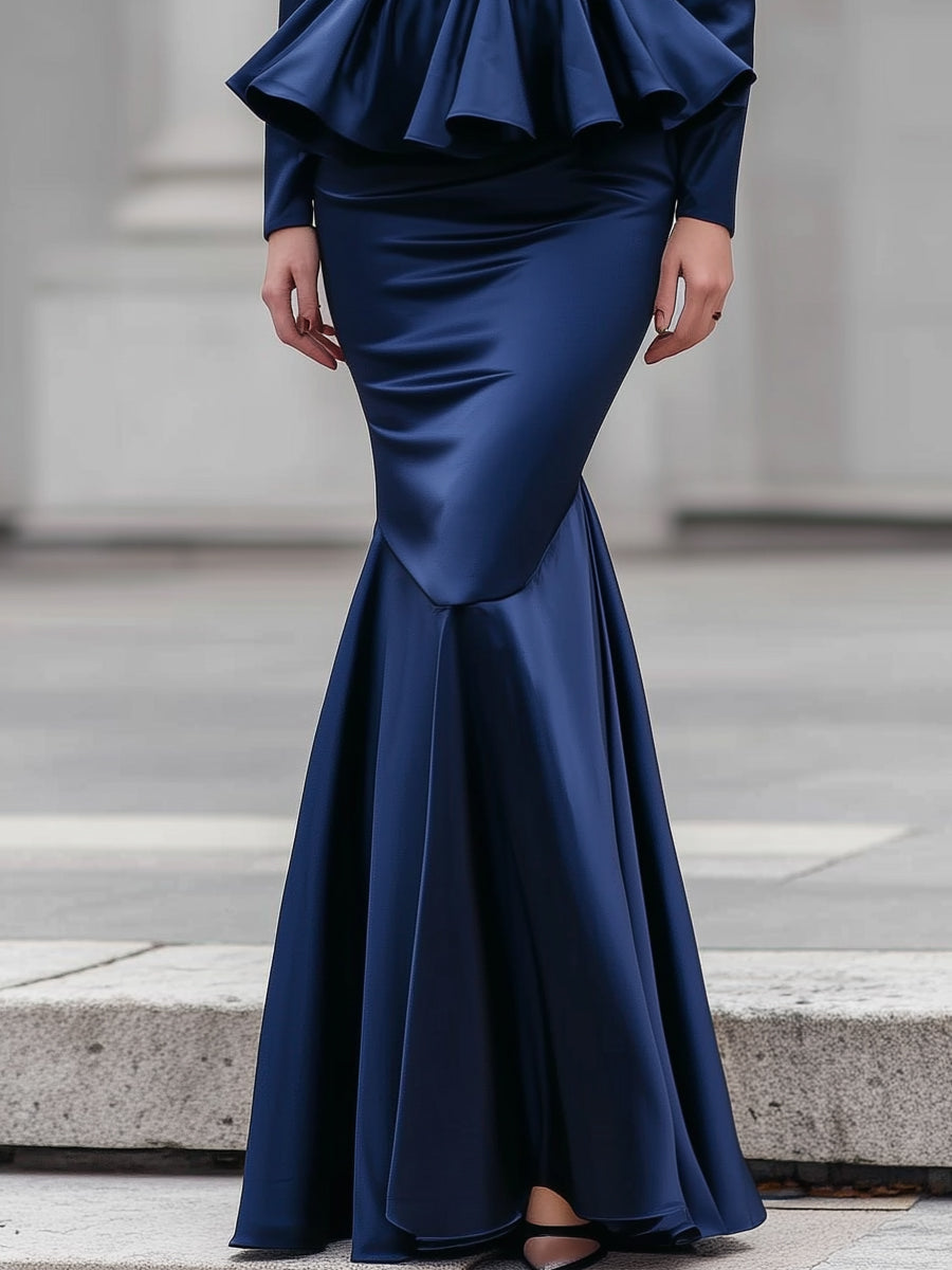 Midnight Elegance Satin Peplum Mermaid Gown