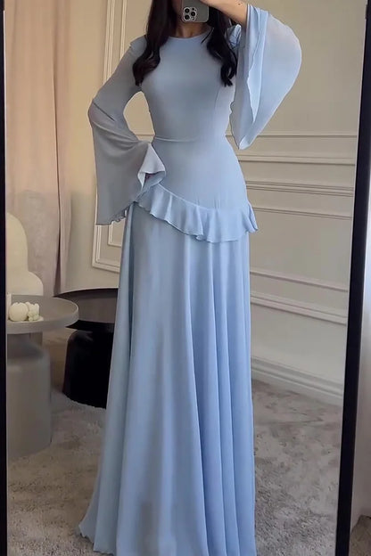 Round Neck Flare Sleeve Ruffled Solid Color Maxi Dresses