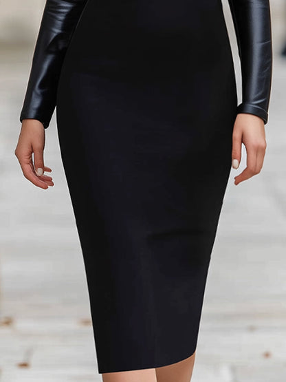 Elegant Bodycon Midi Dress With Faux Leather Sleeves