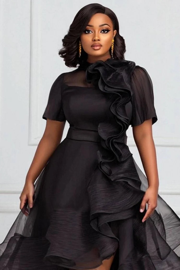 Cocktail Party Black Round Neck Short Sleeve Ruffle Elegant 3D Dress