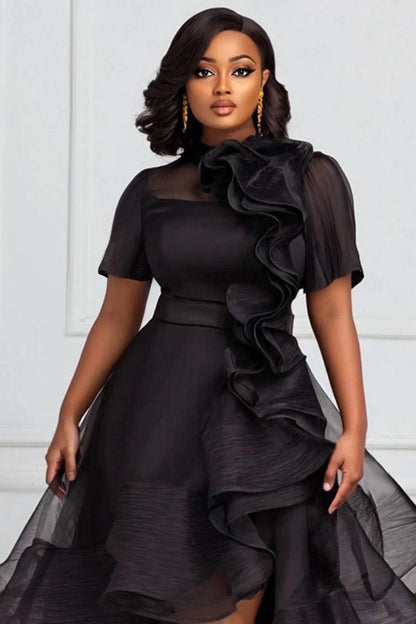 Cocktail Party Black Round Neck Short Sleeve Ruffle Elegant 3D Dress