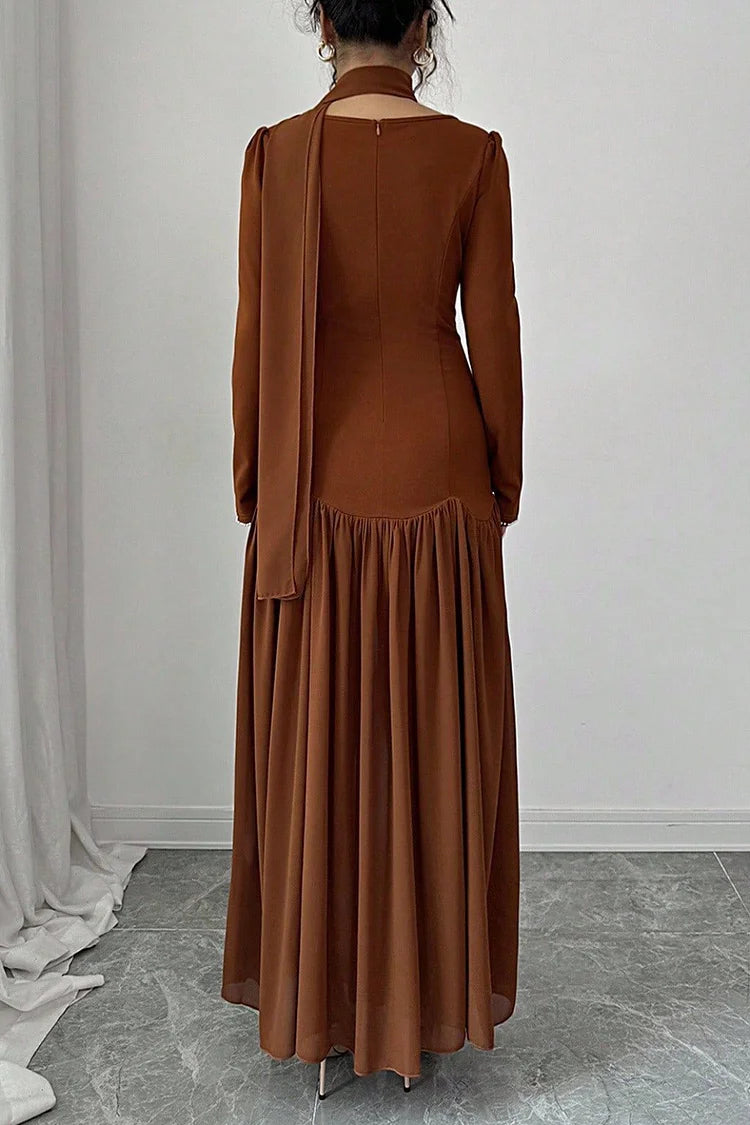 Pearl Beads Embroidery Square Neck Pleated Long Sleeve Maxi Dress