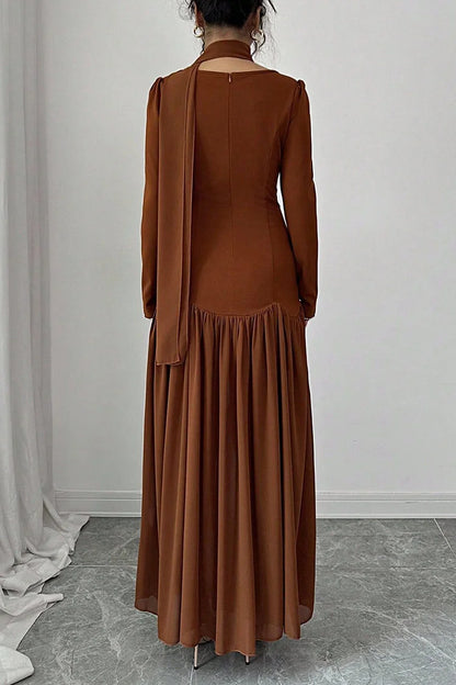 Pearl Beads Embroidery Square Neck Pleated Long Sleeve Maxi Dress