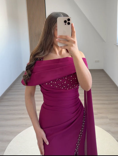 High Neck Long Sleeves Empire-Waist Ruched Feathers Formal Evening Dress