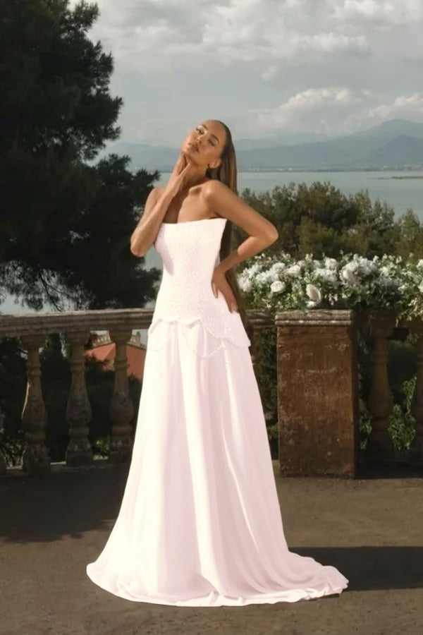 Chiffon Strapless Sleeveless Long A-Line Prom Dress With Beadings And Pearls