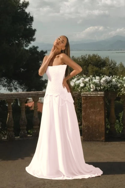 Chiffon Strapless Sleeveless Long A-Line Prom Dress With Beadings And Pearls