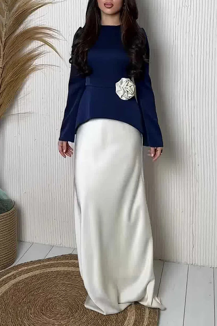 Colorblock Floral Rosette Asymmetric Hem Top Maxi Dress