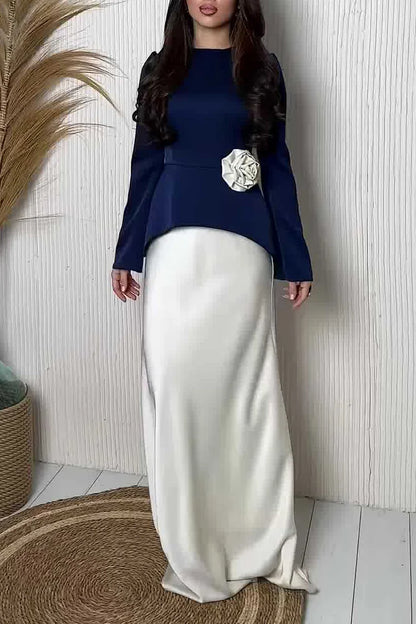 Colorblock Floral Rosette Asymmetric Hem Top Maxi Dress