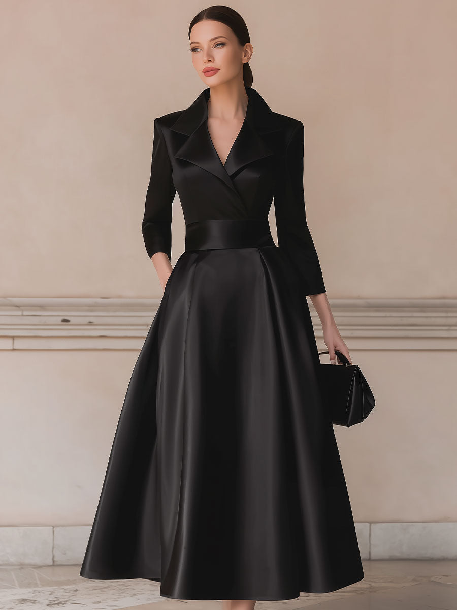 Elegant Black Satin Trench-Collar A-Line Midi Dress