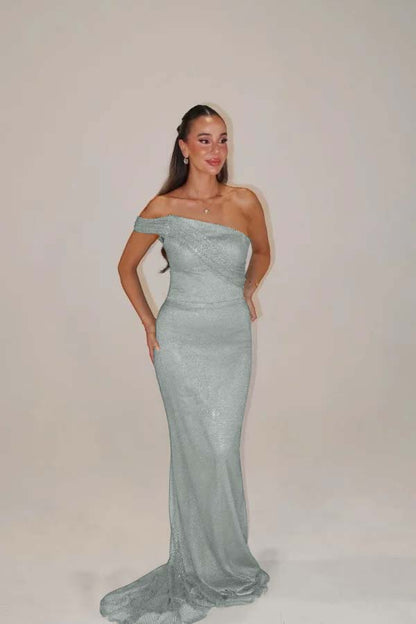 Sequins One Shoulder Sleeveless Long Mermaid Prom Dress With Pleated