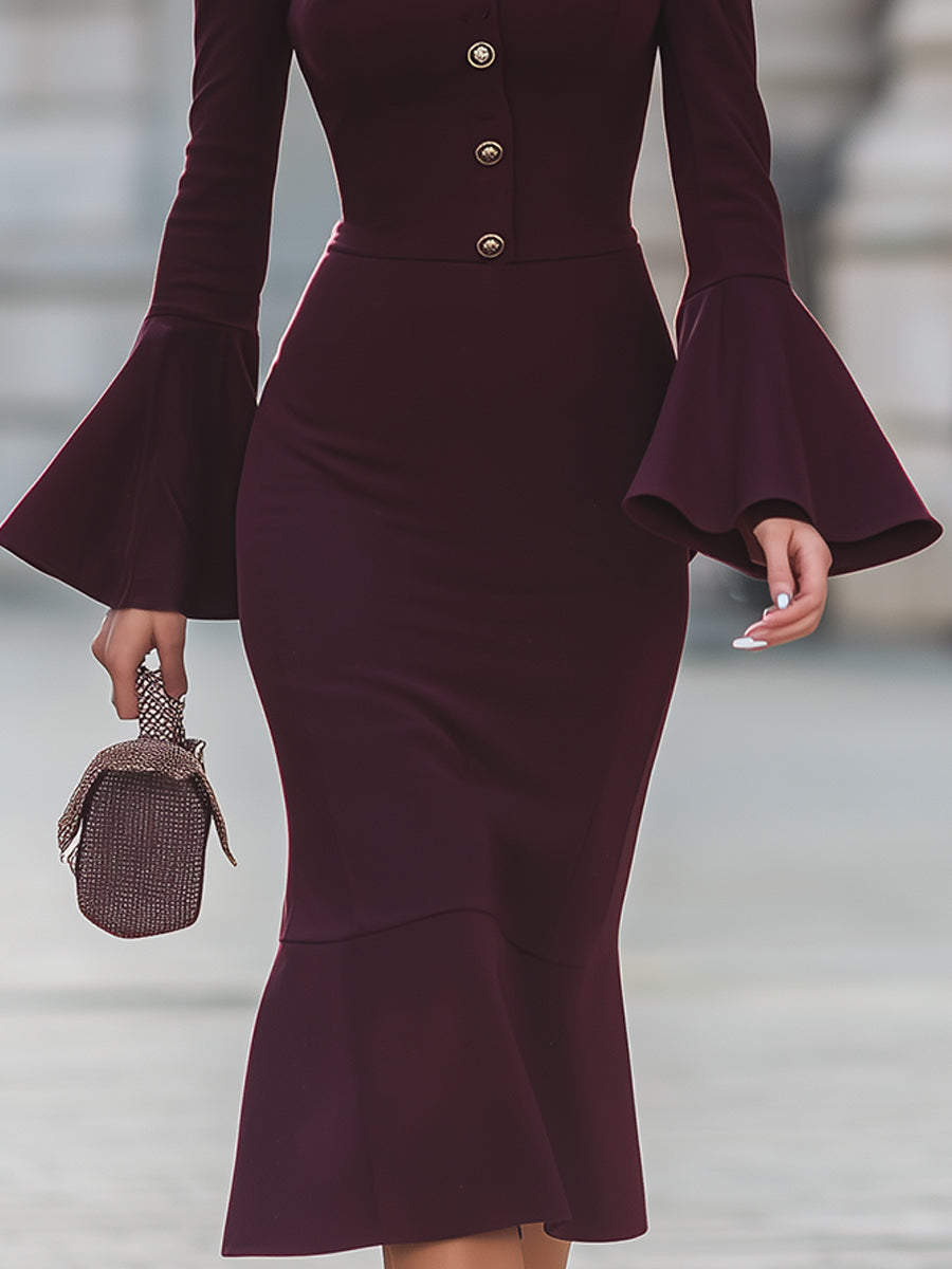 Elegant Burgundy Mock Neck Midi Dress