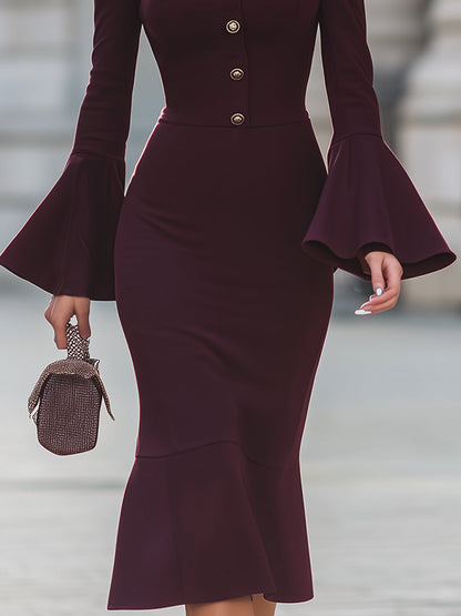 Elegant Burgundy Mock Neck Midi Dress