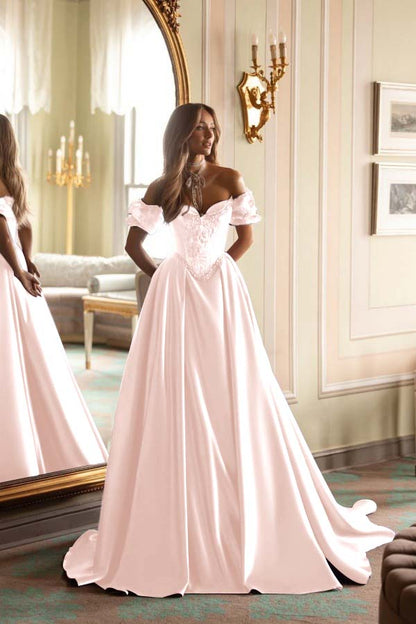 Short Sleeves Long A-Line Prom Dress With Embroidered And Pleated