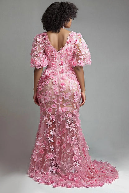 Formal Pink V Neck Short Sleeve 3D Elegant Mermaid Maxi Dress