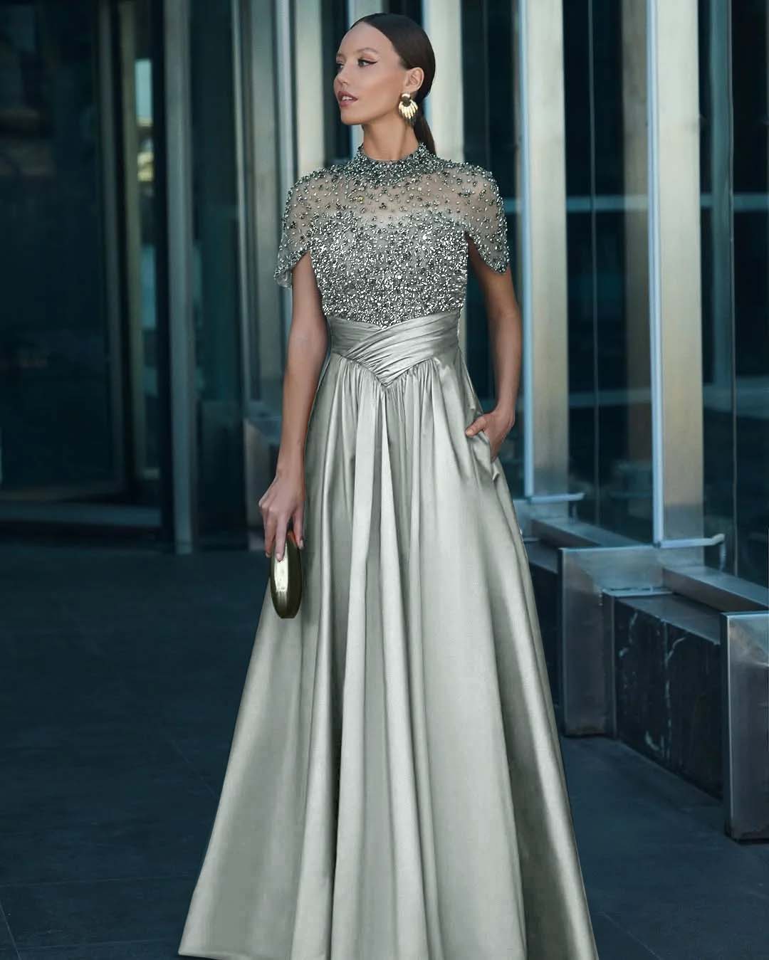 High-Neck Short Sleeves Long A-Line Pleated Prom Dress With Pockets And Beadings