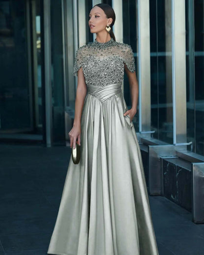 High-Neck Short Sleeves Long A-Line Pleated Prom Dress With Pockets And Beadings