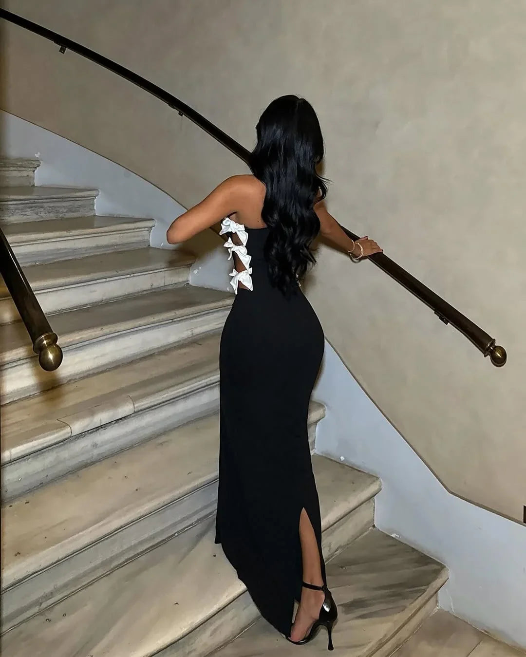 Black Slim Fit White Bow Strapless Prom Dress