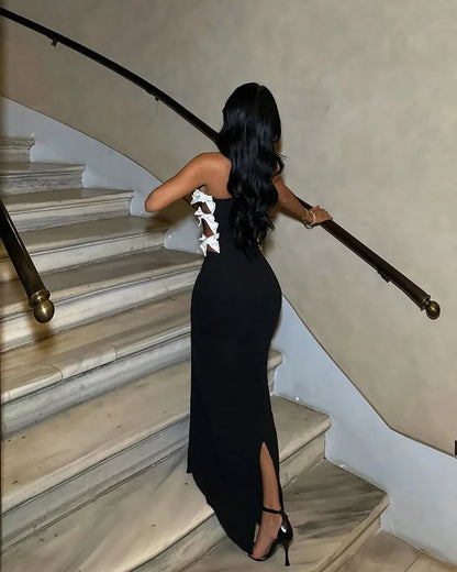 Black Slim Fit White Bow Strapless Prom Dress