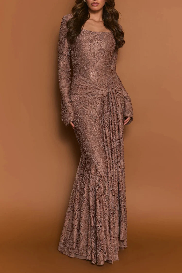 Jacquard Square Neck Backless Streamer Lace Party Maxi Dress