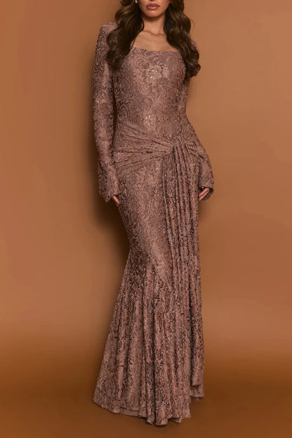 Jacquard Square Neck Backless Streamer Lace Party Maxi Dress