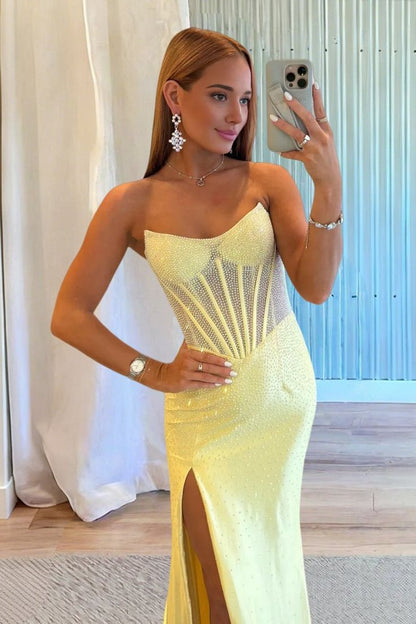 Cute Mermaid Scoop Neck Daffodil Hot Fix Satin Prom Dress with Slit