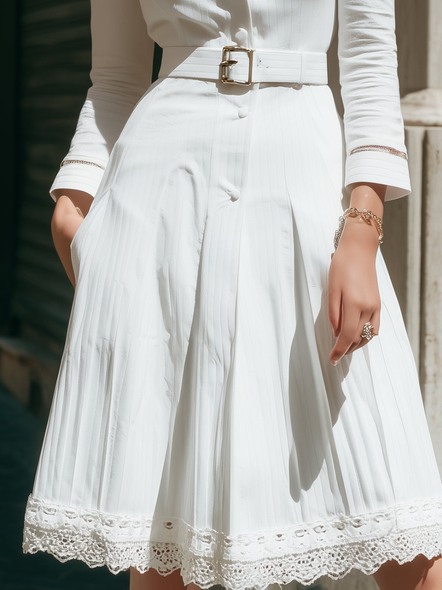 Elegant White Pleated Shirt Dress with Belt