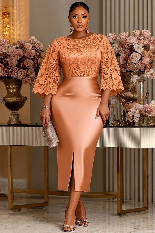 Rose Gold Round Neck Flare 3/4 Sleeve Split Satin Midi Dress