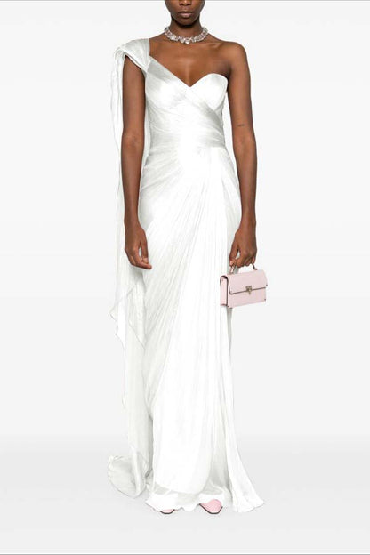 Asymmetric Neck One Shoulder Sleeveless Long Pleated Mermaid Prom Dress With Ruffles