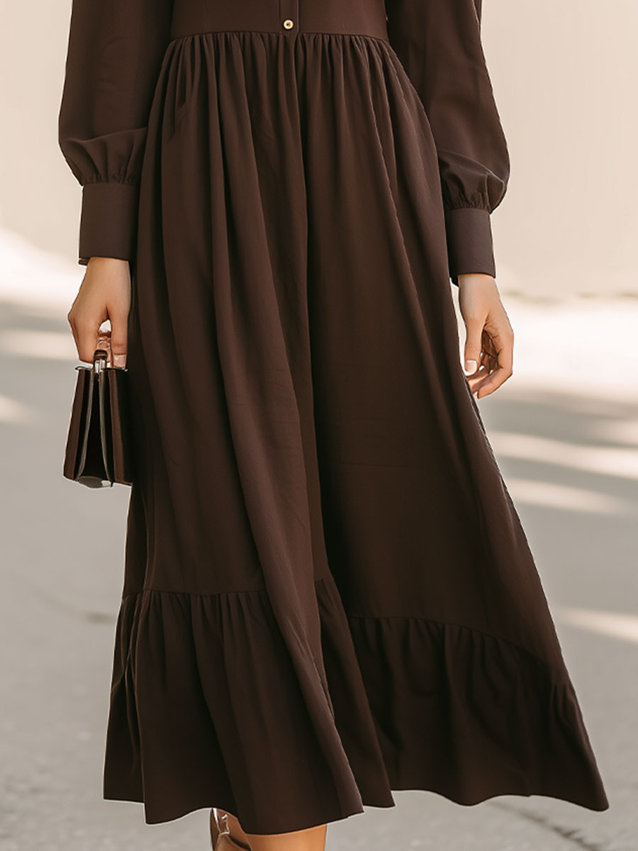 Elegant Chocolate Brown Shirt-Collar Midi Dress With Puff Sleeves