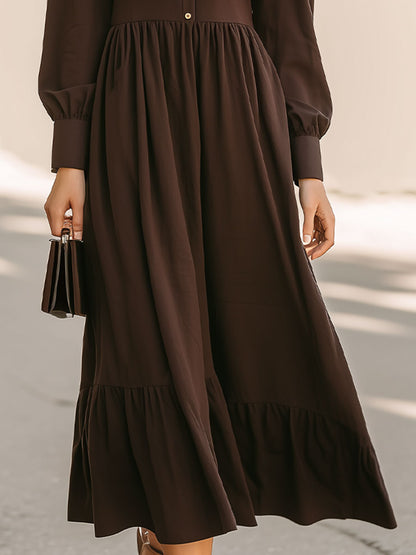 Elegant Chocolate Brown Shirt-Collar Midi Dress With Puff Sleeves