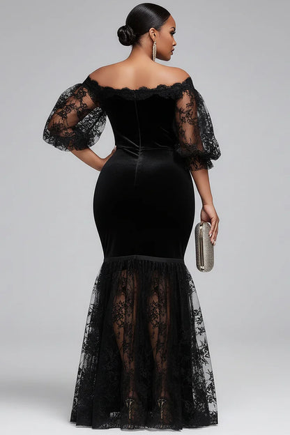 Lace Black Off The Shoulder Short Sleeve Bodycon Velvet Maxi Dress