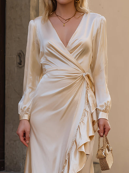 Elegant Satin Ruffle-Trim Wrap Dress In Ivory