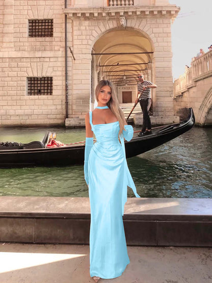 Spaghetti Strap Sleeveless Long Mermaid Prom Dress With Gloves