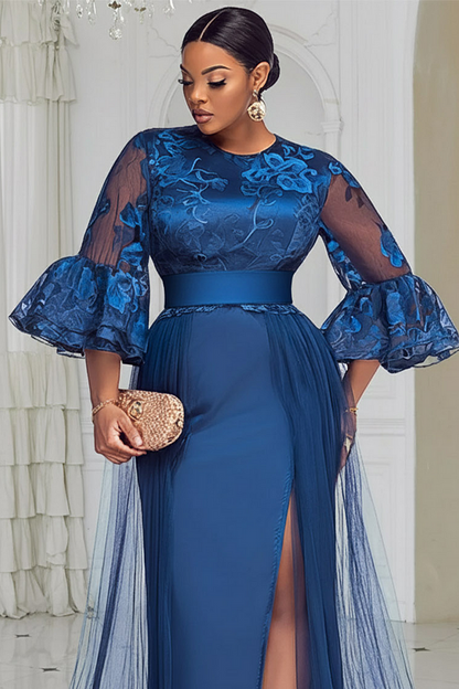 Formal Tulle Royal Blue Graphic Round Neck Flare Half Sleeve Contrast Maxi Dress