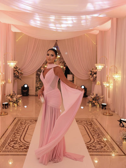 Blushing Pink Draped Sleeveless Evening Gown