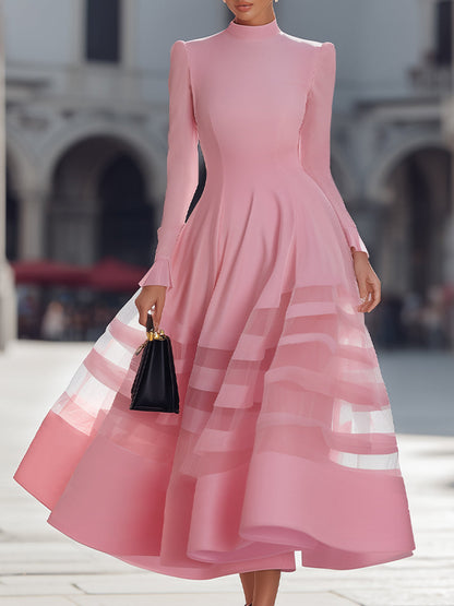 Elegant Sheer Panel Flared Midi Dress