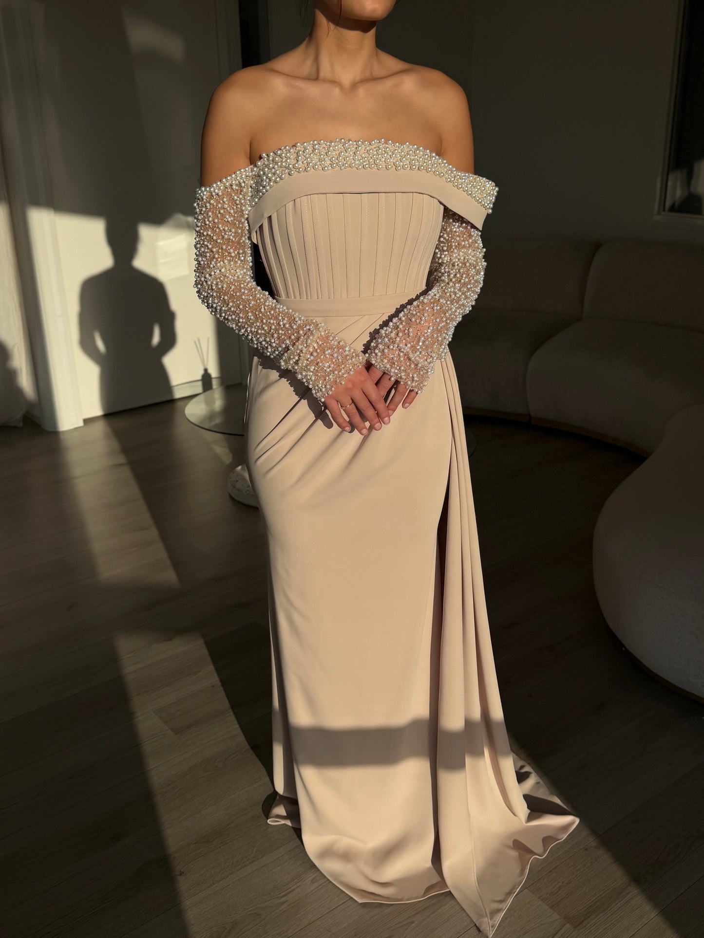 A-Line Long Sleeves Off-Shoulder Pearls Evening Dress