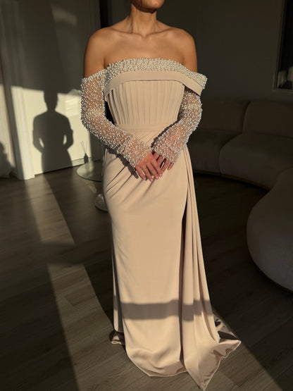 A-Line Long Sleeves Off-Shoulder Pearls Evening Dress