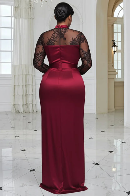 Formal Burgundy Mock Neck Long Sleeve 3D Elegant Split Satin Lace Maxi Dress