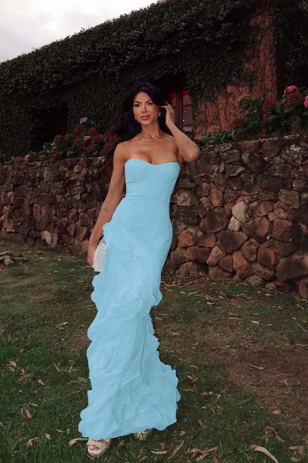 Chiffon Sweetheart Strapless Sleeveless Long Prom Dress With Ruffles