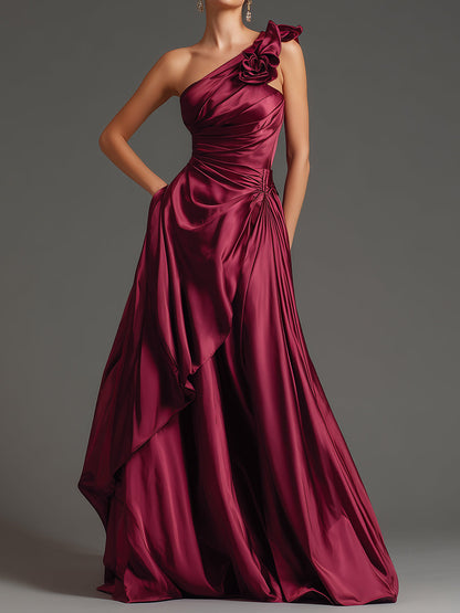 Burgundy One-Shoulder Floral Draped Couture Gown