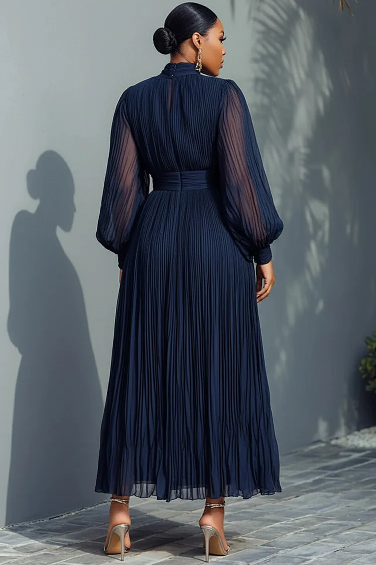 Mock Neck Lantern Sleeve Long Sleeve See Through Elegant Ruffled Midi Dress