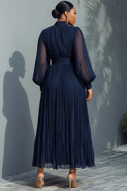 Mock Neck Lantern Sleeve Long Sleeve See Through Elegant Ruffled Midi Dress