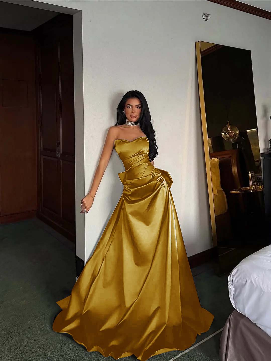 Black Satin Sweetheart Strapless Sleeveless Long A-Line Prom Dress With Pleated