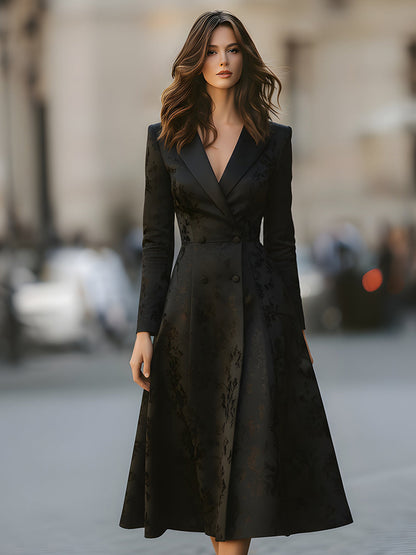 Black Floral Brocade Double-Breasted Coat Dress